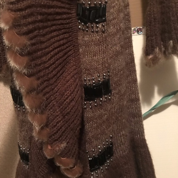 Long Sweater Cover-up Faux Fur Leather &  beads - Picture 12 of 14